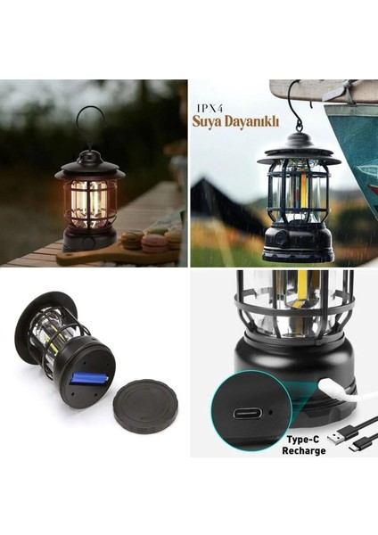 Dekoratif Kamp Lambası Ledli Beyaz Işıklı El Feneri Işıldak Şarjlı Portatif Gece Lamba Siyah. fırsatları