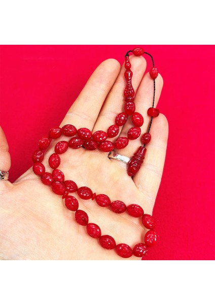 Kırmızı Renk Hareli Usta Işi Sıkma Ateş Kehribar Tesbih