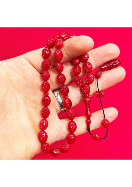 Kırmızı Renk Hareli Usta Işi Sıkma Ateş Kehribar Tesbih fiyatları