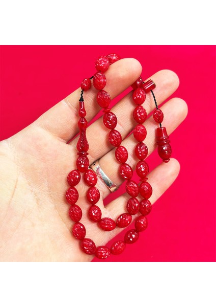 Kırmızı Renk Hareli Usta Işi Sıkma Ateş Kehribar Tesbih modelleri