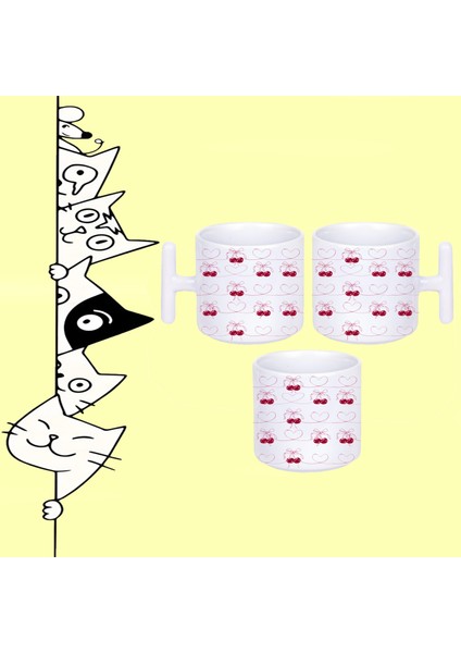 Kırmızı Kurdele Kiraz Kalp Desen Tasarım Baskılı Beyaz T Sap Kupa Bardak