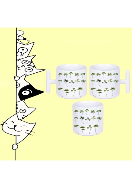 4 Yaprak Yonca Çiçek Şans Tasarım Baskılı T Sap Beyaz Kupa Bardak
