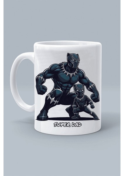 Super Kahraman Black Panther Karakter Super Dad Süper Baba Tasarım Baskılı Klasik Beyaz