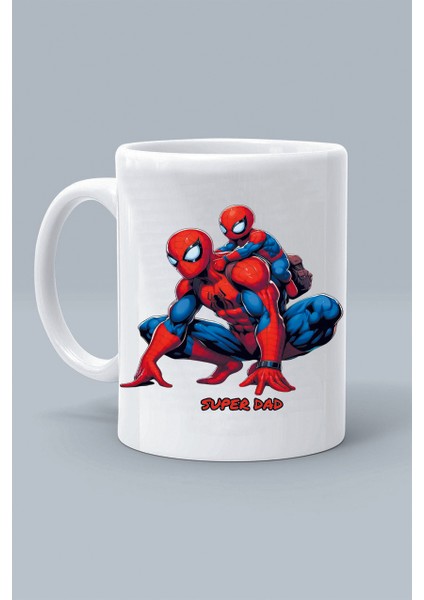 Super Kahraman Spider Örümcek Adam Karakter Super Dad Süper Baba Tasarım Baskılı Klasik Beyaz