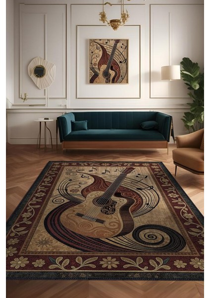 Gitar Halısı,pop Art Müzik Halısı Müzik Gitar Figürlü Kahve Renk Modern Halı,müzik Halı