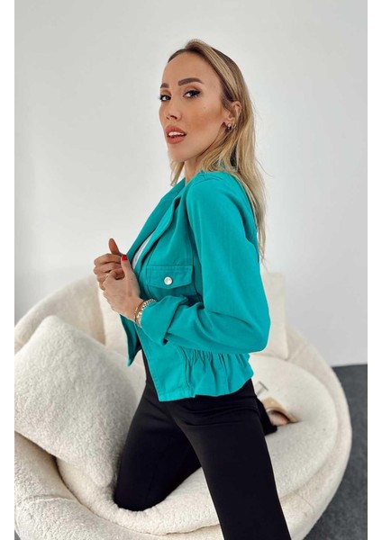 Kadın Beli Lastikli Mono Yaka Biker Jean Ceket