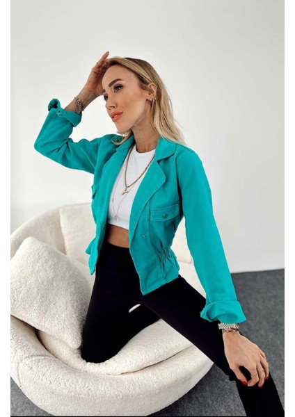 Kadın Beli Lastikli Mono Yaka Biker Jean Ceket modelleri