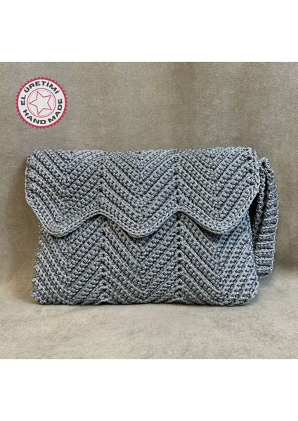 5840 El Örgüsü Gri Makrome Ip Clutch - Portföy Çanta