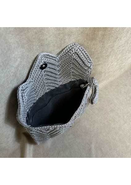 5840 El Örgüsü Gri Makrome Ip Clutch - Portföy Çanta