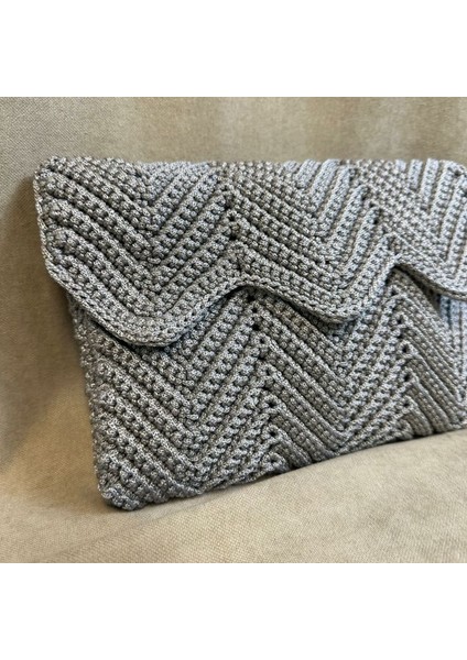 5840 El Örgüsü Gri Makrome Ip Clutch - Portföy Çanta