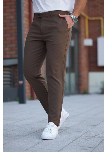 Erkek Açık Kahverengi Italyan Kesim Slim Fit Kaliteli Esnek Likralı Bilek Boy Kumaş Pantolon
