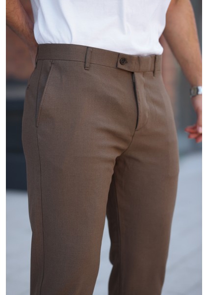 Erkek Açık Kahverengi Italyan Kesim Slim Fit Kaliteli Esnek Likralı Bilek Boy Kumaş Pantolon fırsatları