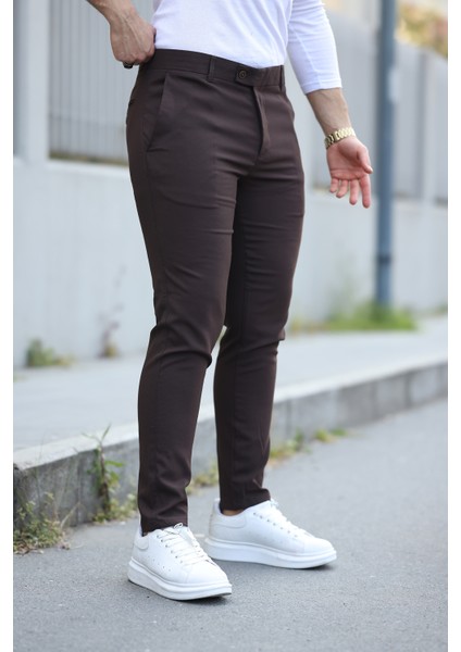 Erkek Kahverengi Italyan Kesim Slim Fit Kaliteli Esnek Likralı Bilek Boy Kumaş Pantolon