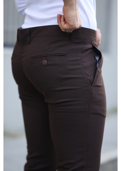 Erkek Kahverengi Italyan Kesim Slim Fit Kaliteli Esnek Likralı Bilek Boy Kumaş Pantolon modelleri