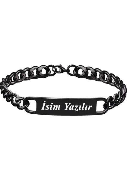 Kişiye Özel İsim Yazılı Siyah Çelik Erkek Bileklik ack06isyh