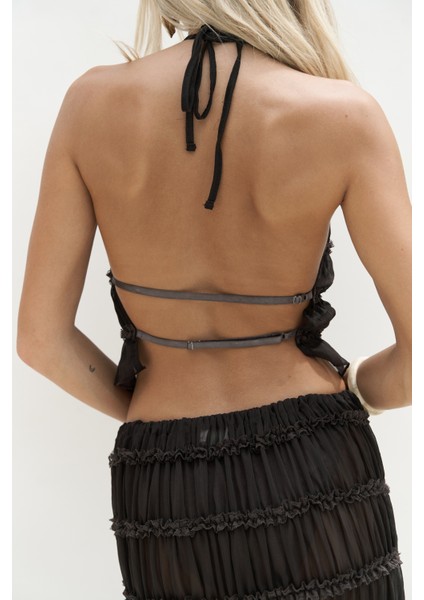 Sofi Transparan Kahve Crop Etek Takım