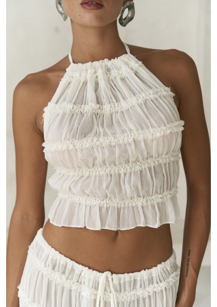 Sofi Transparan Ekru Crop Etek Takım