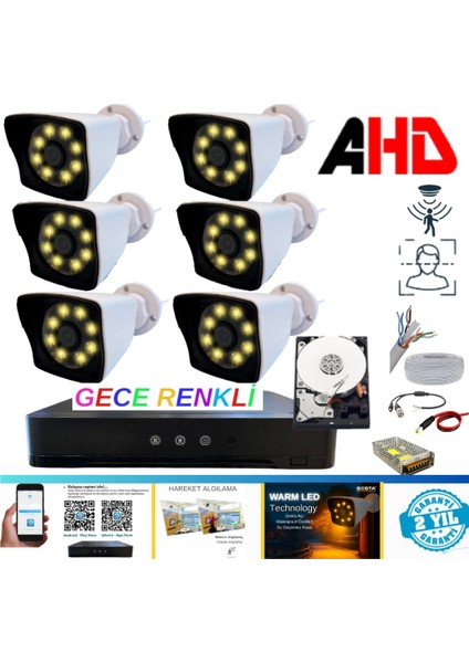 6 Kameralı 5mp Lens 1080P Warm LED Gece Renkli 500 GB HDD Dahil Güvenlik Seti - 26500W