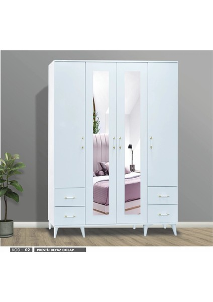 Prestij 4 Kapılı Çekmeceli Beyaz Aynalı Dolap