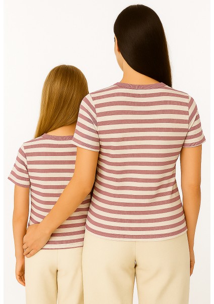 "rose Harmony" Anne-Kız Çizgili Tişört Takımı – Gül Kurusu & Bej Renk – %100 Pamuk – Modern Konfor modelleri