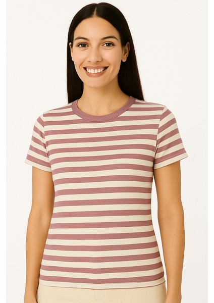 "rose Harmony" Anne-Kız Çizgili Tişört Takımı – Gül Kurusu & Bej Renk – %100 Pamuk – Modern Konfor fırsatları