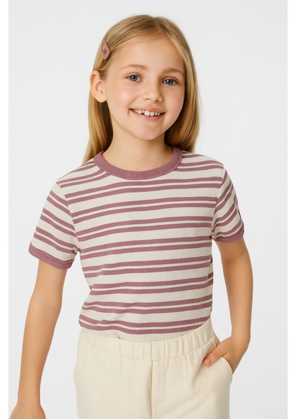"rose Harmony" Anne-Kız Çizgili Tişört Takımı – Gül Kurusu & Bej Renk – %100 Pamuk – Modern Konfor indirimleri