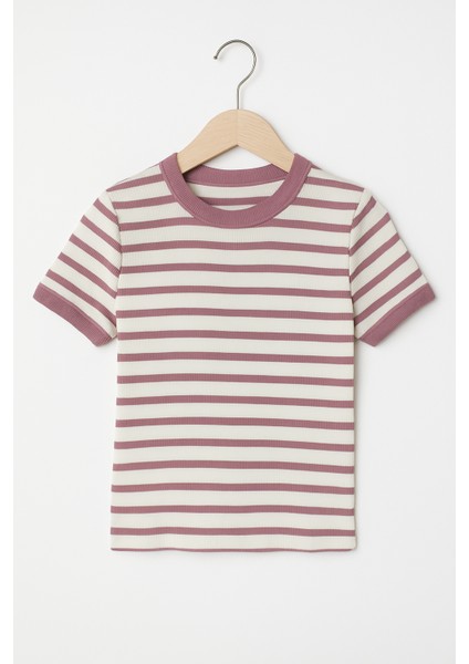 "rose Harmony" Anne-Kız Çizgili Tişört Takımı – Gül Kurusu & Bej Renk – %100 Pamuk – Modern Konfor