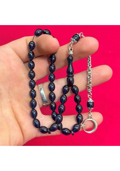 Koyu Mavi Renk Sıkma Ateş Kehribar Tesbih