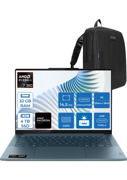 Yoga Pro 7 14AKP10 Amd Ryzen Aı 7 350 32GB Ram 4tb SSD 14.5" 3k (2944X1840) OLED 1000NITS Freedos Taşınabilir Bilgisayar YG83KG000GTRF05+ZETTAÇANTA