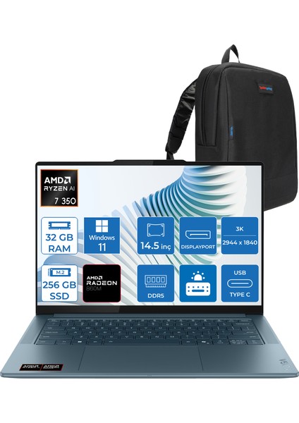 Yoga Pro 7 14AKP10 Amd Ryzen Aı 7 350 32GB Ram 256GB SSD 14.5" 3k (2944X1840) OLED 1000NITS WIN11HOME Taşınabilir Bilgisayar YG83KG000GTRH01+ZETTAÇANTA