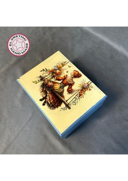 4472 El Yapımı Nostaljik Retro Baskılı Dikdörtgen Ahşap Dekoratif Saklama Kutusu