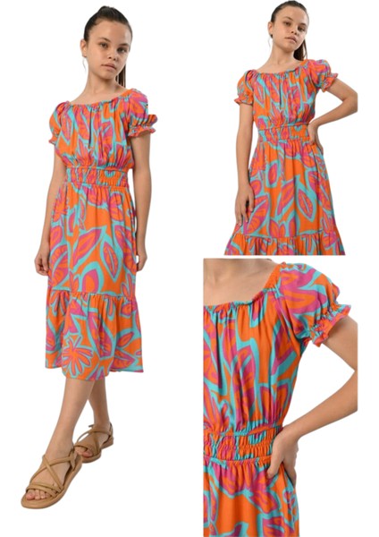 Kız Çocuk Midi Boy Bel Yaka Lastikli Desenli Oversize Turuncu Renk Elbise