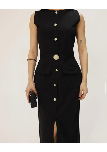 Zr Model Kadın Premium Kumaş Siyah Gold Düğmeli Kemerli Yırtmaçlı Midi Boy Krep Elbise