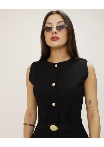 Zr Model Kadın Premium Kumaş Siyah Gold Düğmeli Kemerli Yırtmaçlı Midi Boy Krep Elbise modelleri