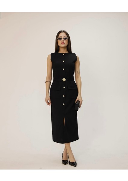 Zr Model Kadın Premium Kumaş Siyah Gold Düğmeli Kemerli Yırtmaçlı Midi Boy Krep Elbise fırsatları