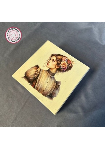 2537 El Yapımı Nostaljik Retro Baskılı Kare Ahşap Dekoratif Saklama Kutusu