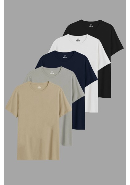 Siyah Beyaz Lacivert Gri Taş Regular Fit %100 Pamuklu Basic Erkek Tişört 5 Li Paket