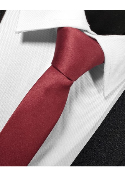 Ekstra Ince Bordo Renk Düz Slim Fit 4 cm Genişliğinde Kravat Mendil Seti Slim Fit Dar