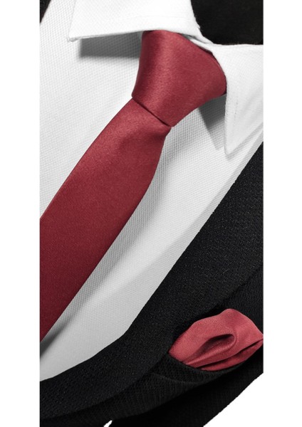 Ekstra Ince Bordo Renk Düz Slim Fit 4 cm Genişliğinde Kravat Mendil Seti Slim Fit Dar modelleri