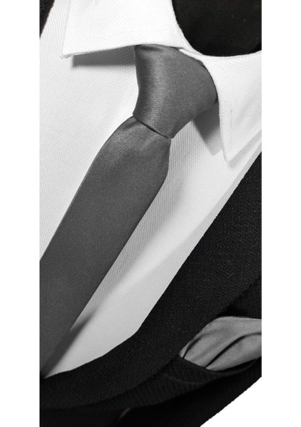 Ekstra Ince Füme Renk Düz Slim Fit 4 cm Genişliğinde Kravat Mendil Seti Slim Fit Dar modelleri