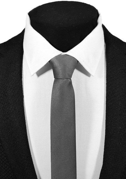 Ekstra Ince Füme Renk Düz Slim Fit 4 cm Genişliğinde Kravat Mendil Seti Slim Fit Dar fırsatları