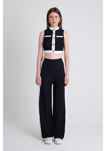 Siyah Kolsuz Crop Bluz ve Şeritli Palazzo Pantolon Takım 2214