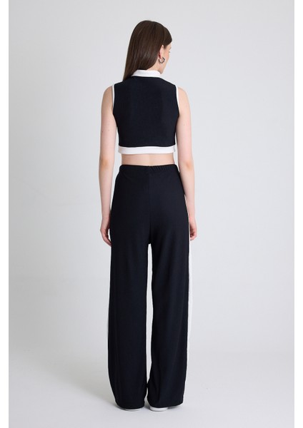 Siyah Kolsuz Crop Bluz ve Şeritli Palazzo Pantolon Takım 2214 indirimleri