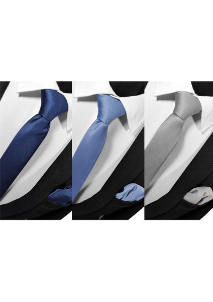 Ekstra Ince 4 cm Genişliğinde Lacivert Indigo Gümüş Gri 3'lü Paket Düz Kravat Mendil Seti