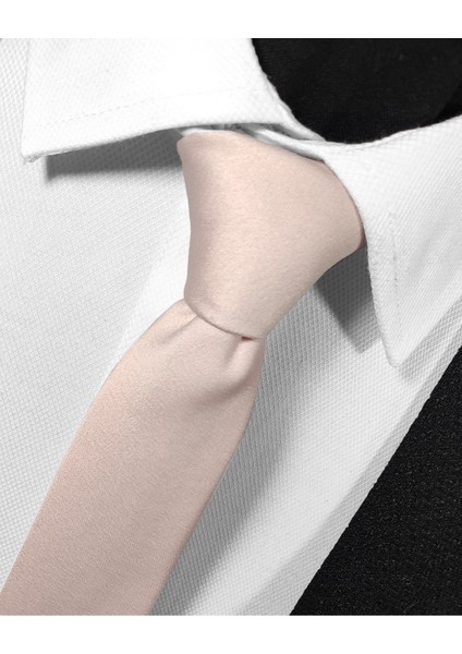 Ekstra Ince Pudra Renk Düz Slim Fit 4 cm Genişliğinde Kravat Mendil Seti Slim Fit Dar