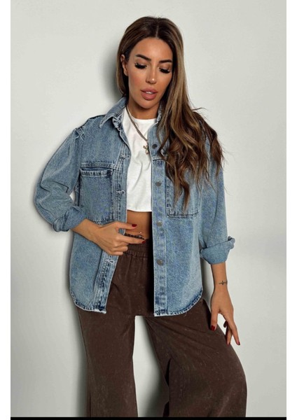 Sagi Jeans Kadın Iri Cepli Omzu Balon Kot Ceket Gömlek