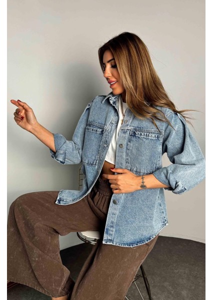 Sagi Jeans Kadın Iri Cepli Omzu Balon Kot Ceket Gömlek
