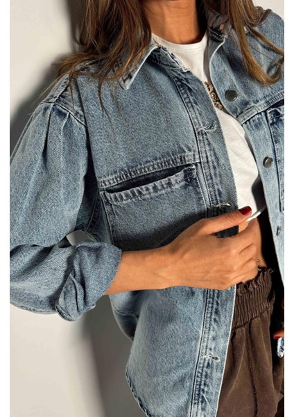 Sagi Jeans Kadın Iri Cepli Omzu Balon Kot Ceket Gömlek