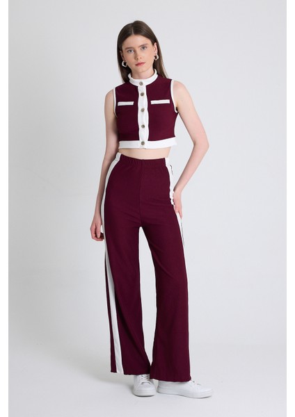 Bordo Kolsuz Crop Bluz ve Şeritli Palazzo Pantolon Takım 2214