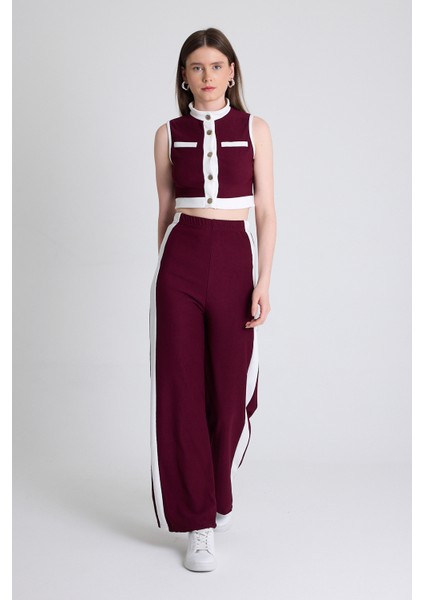Bordo Kolsuz Crop Bluz ve Şeritli Palazzo Pantolon Takım 2214 fiyatları